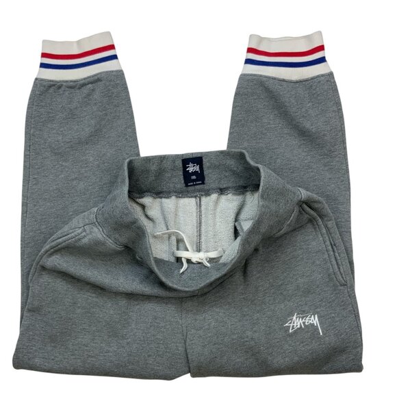 Stussy Mens Jogger Sweat Pant S Gray Logo Pull On Fit Pockets Striped Cuffs - Picture 3 of 13
